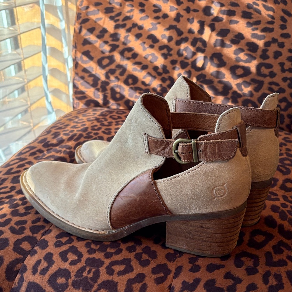 Born Tan and Brown Ankle Booties